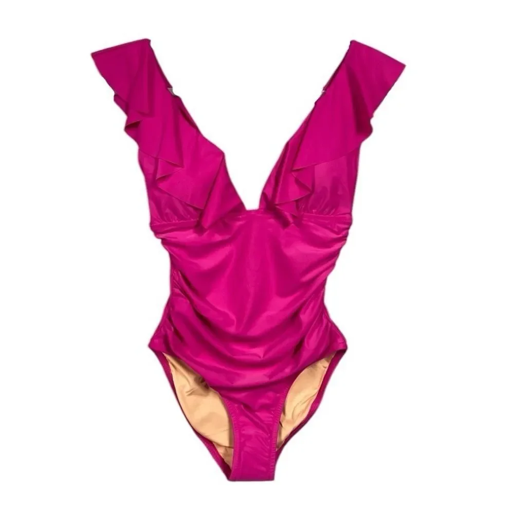 NEW J. Crew Ruched Ruffle One Piece Swimsuit Deep V Neck Size 6 Radiant Fuchsia